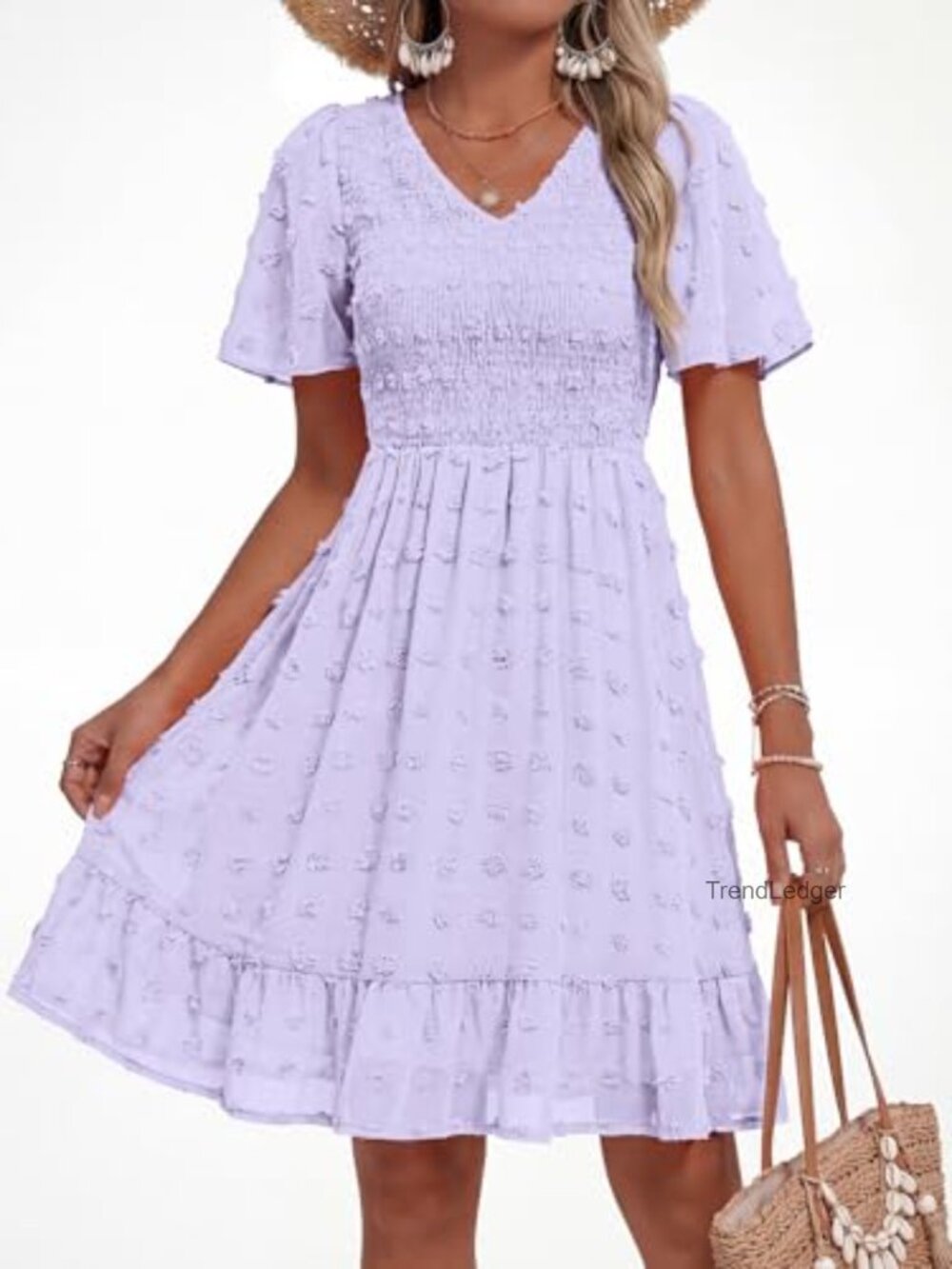 V Neck Short Sleeve Smocked Swiss Dot Ruffle Casual Mini Dress - Picture 5 of 7